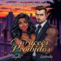 A stunning book cover featuring a Brazilian black girl and a handsome, tattooed white Russian mafia man, designed in an artistic style that balances between realism and illustration