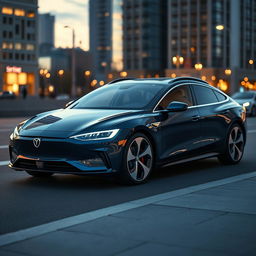 A sleek and modern electric sedan, emphasizing aerodynamic design with smooth curves and sharp angles