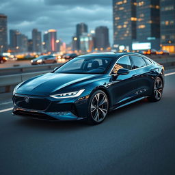 A sleek and modern electric sedan, emphasizing aerodynamic design with smooth curves and sharp angles