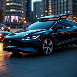 A sleek and modern electric sedan, emphasizing aerodynamic design with smooth curves and sharp angles