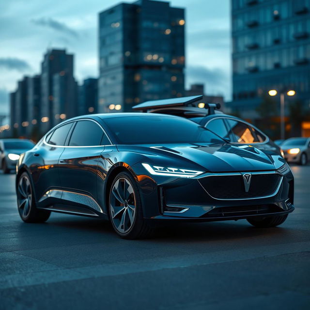 A sleek and modern electric sedan, emphasizing aerodynamic design with smooth curves and sharp angles