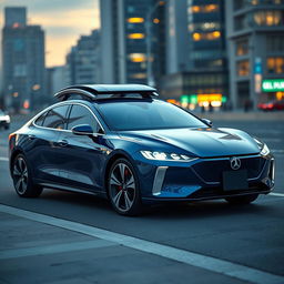 A sleek and modern electric sedan, emphasizing aerodynamic design with smooth curves and sharp angles