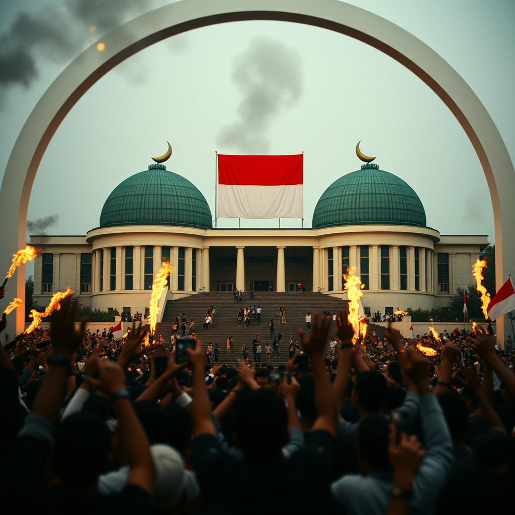 A chaotic scene in Jakarta, Indonesia during the 1998 riots, showcasing the MPR building with its unique architecture: two green domes resembling a snail shape, connected with stairs at the front