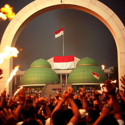 A chaotic scene in Jakarta, Indonesia during the 1998 riots, showcasing the MPR building with its unique architecture: two green domes resembling a snail shape, connected with stairs at the front