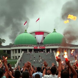 A chaotic scene in Jakarta, Indonesia during the 1998 riots, showcasing the MPR building with its unique architecture: two green domes resembling a snail shape, connected with stairs at the front