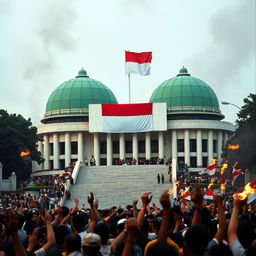 A chaotic scene in Jakarta, Indonesia during the 1998 riots, showcasing the MPR building with its unique architecture: two green domes resembling a snail shape, connected with stairs at the front