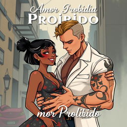 Uma encantadora capa de livro ilustrada, retratando um romance entre uma menina negra brasileira e um bonito mafioso russo