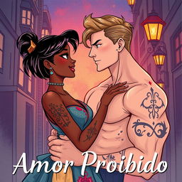 Uma encantadora capa de livro ilustrada, retratando um romance entre uma menina negra brasileira e um bonito mafioso russo