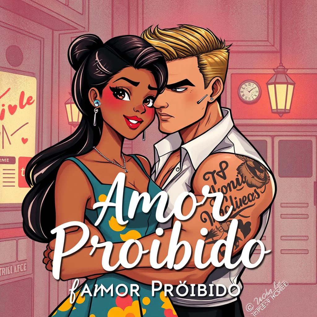 Uma encantadora capa de livro ilustrada, retratando um romance entre uma menina negra brasileira e um bonito mafioso russo