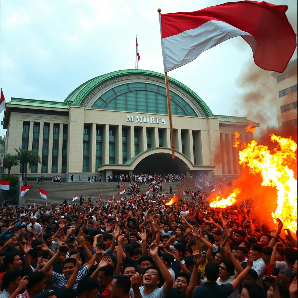 A chaotic scene depicting the MPR building in Jakarta, Indonesia, during the 1998 riots