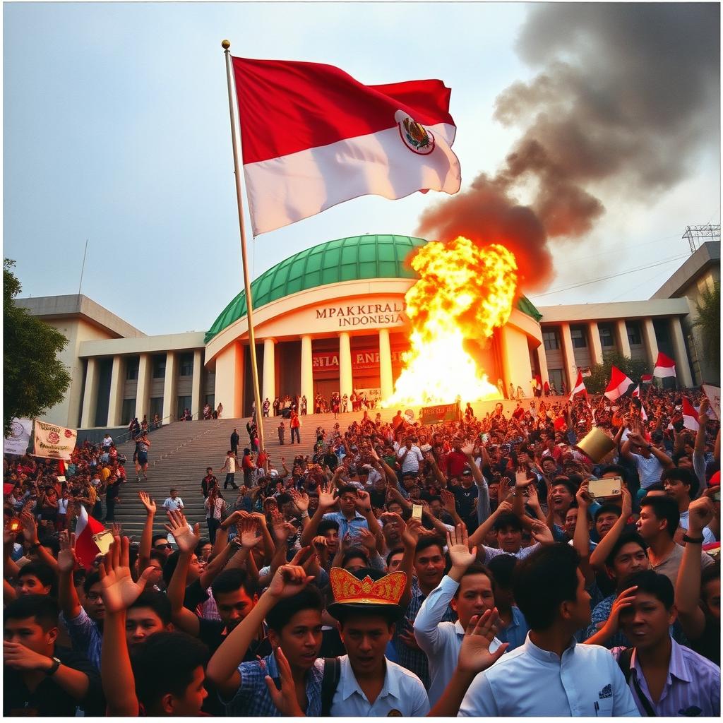 A chaotic scene depicting the MPR building in Jakarta, Indonesia, during the 1998 riots