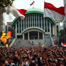 A chaotic scene depicting the MPR building in Jakarta, Indonesia, during the 1998 riots