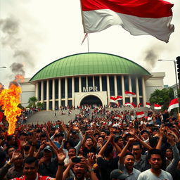 A chaotic scene depicting the MPR building in Jakarta, Indonesia, during the 1998 riots