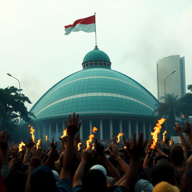 A dramatic scene depicting the state of chaos in Jakarta, Indonesia during the 1998 riots, focusing on the MPR building