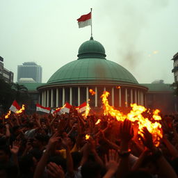 A dramatic scene depicting the state of chaos in Jakarta, Indonesia during the 1998 riots, focusing on the MPR building