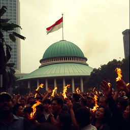 A dramatic scene depicting the state of chaos in Jakarta, Indonesia during the 1998 riots, focusing on the MPR building