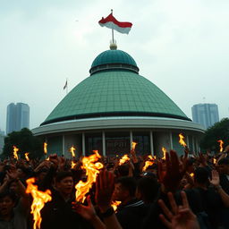 A dramatic scene depicting the state of chaos in Jakarta, Indonesia during the 1998 riots, focusing on the MPR building