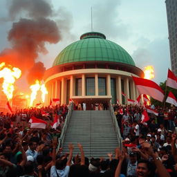 A chaotic scene in Jakarta, Indonesia during the 1998 riots, featuring the iconic MPR building with its unique green semicircular cover curving downwards