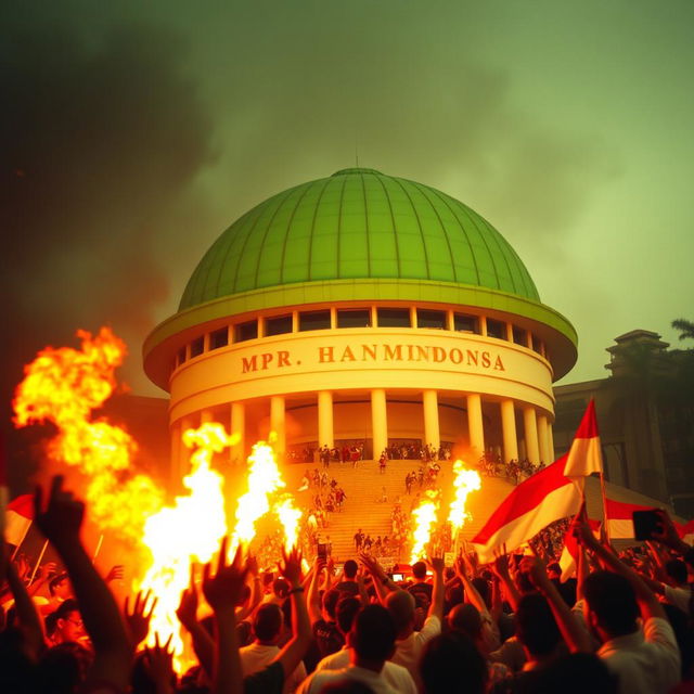 A chaotic scene in Jakarta, Indonesia during the 1998 riots, featuring the iconic MPR building with its unique green semicircular cover curving downwards