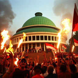 A chaotic scene in Jakarta, Indonesia during the 1998 riots, featuring the iconic MPR building with its unique green semicircular cover curving downwards