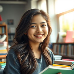 A beautiful 18-year-old brunette student with a slender body, smiling brightly