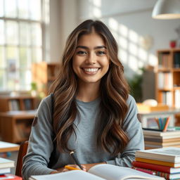 A beautiful 18-year-old brunette student with a slender body, smiling brightly