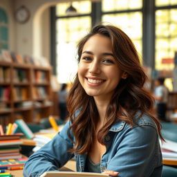 A beautiful 18-year-old brunette student with a slender body, smiling brightly