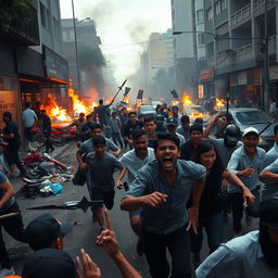 A dramatic scene in the city of Jakarta depicting chaotic rioting