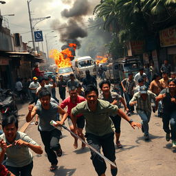 A dramatic scene in the city of Jakarta depicting chaotic rioting