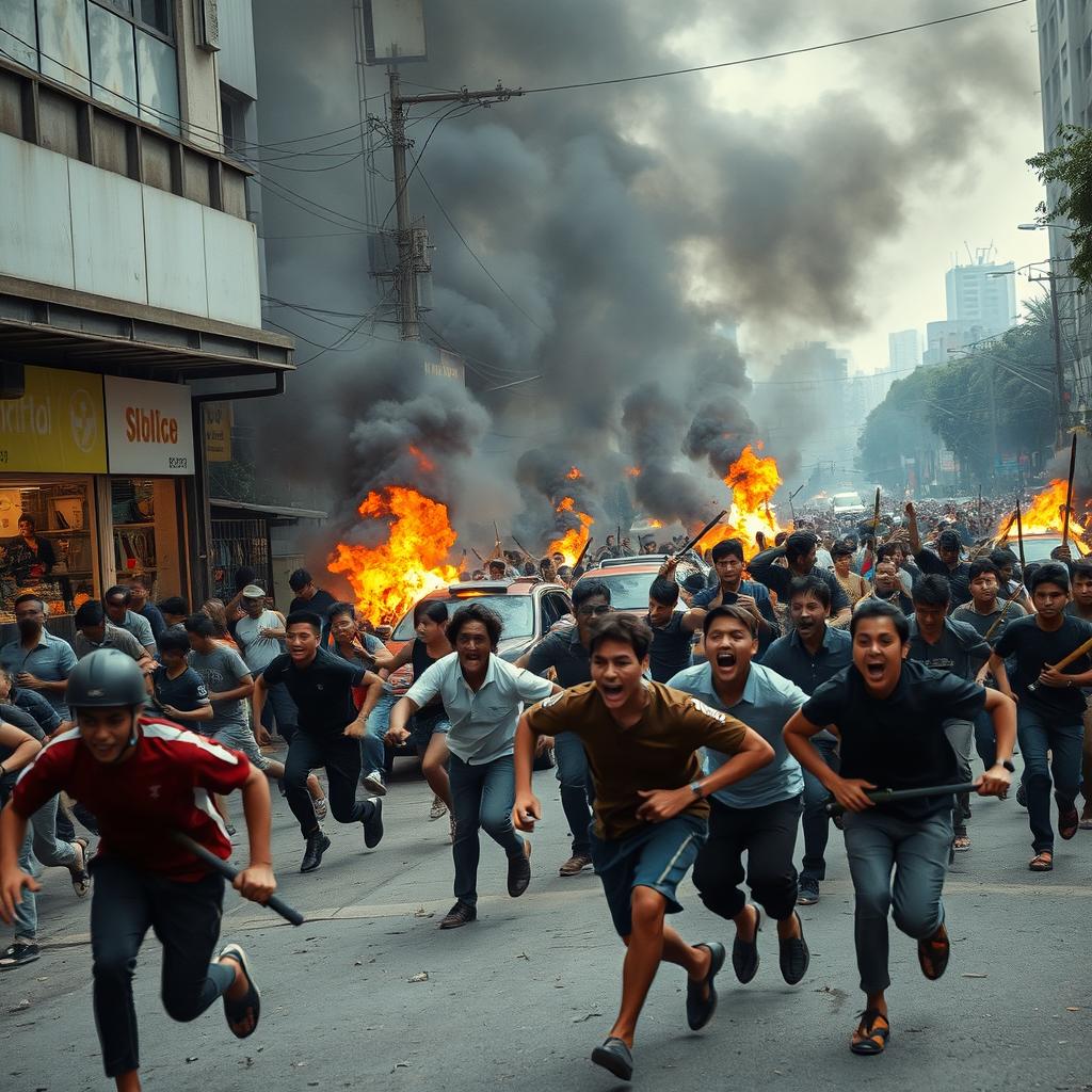 A dramatic scene in the city of Jakarta depicting chaotic rioting