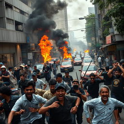 A dramatic scene in the city of Jakarta depicting chaotic rioting