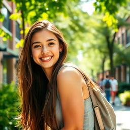 A stunning American 18-year-old student with long brunette hair and a slender body, smiling brightly