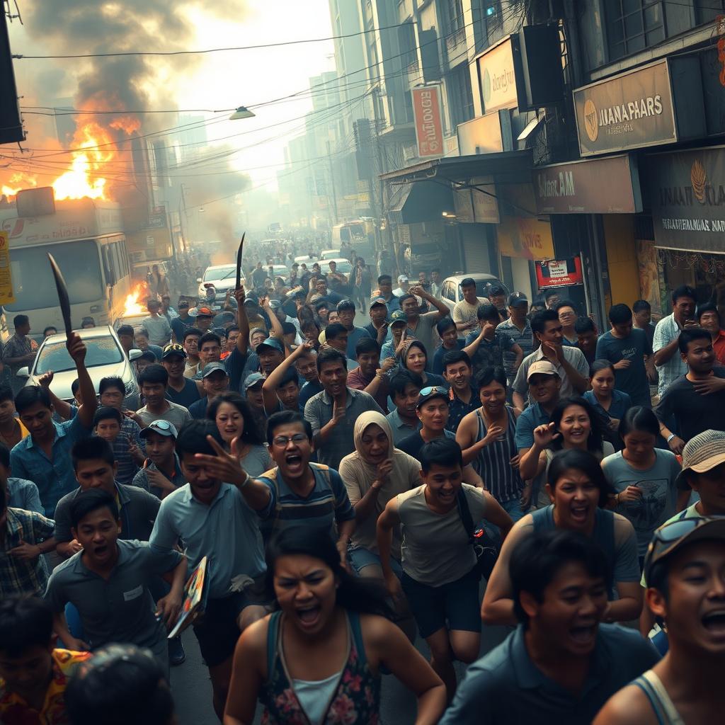 In the heart of Jakarta, a chaotic riot unfolds as crowds surge through the streets, looting shops and scattering goods carelessly