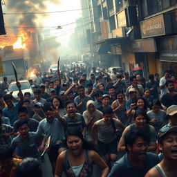 In the heart of Jakarta, a chaotic riot unfolds as crowds surge through the streets, looting shops and scattering goods carelessly
