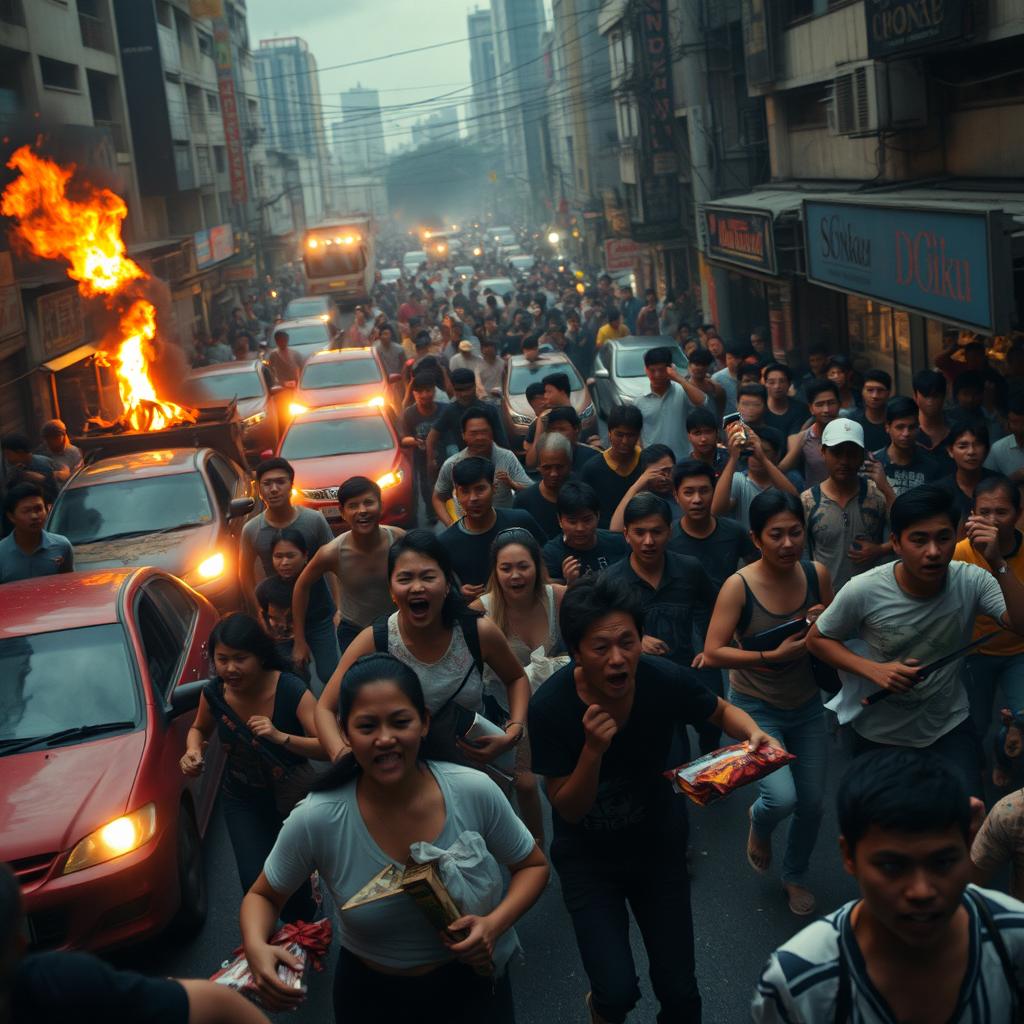 In the heart of Jakarta, a chaotic riot unfolds as crowds surge through the streets, looting shops and scattering goods carelessly