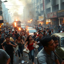 In the heart of Jakarta, a chaotic riot unfolds as crowds surge through the streets, looting shops and scattering goods carelessly