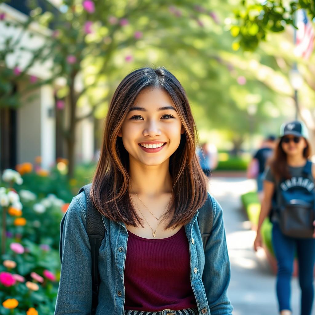 A beautiful American 18-year-old student with shoulder-length brunette hair and a petite body, exuding charm and enthusiasm