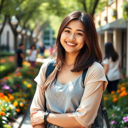 A beautiful American 18-year-old student with shoulder-length brunette hair and a petite body, exuding charm and enthusiasm