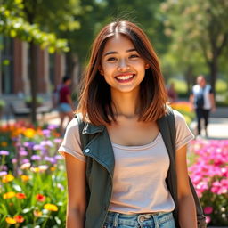 A beautiful American 18-year-old student with shoulder-length brunette hair and a petite body, exuding charm and enthusiasm