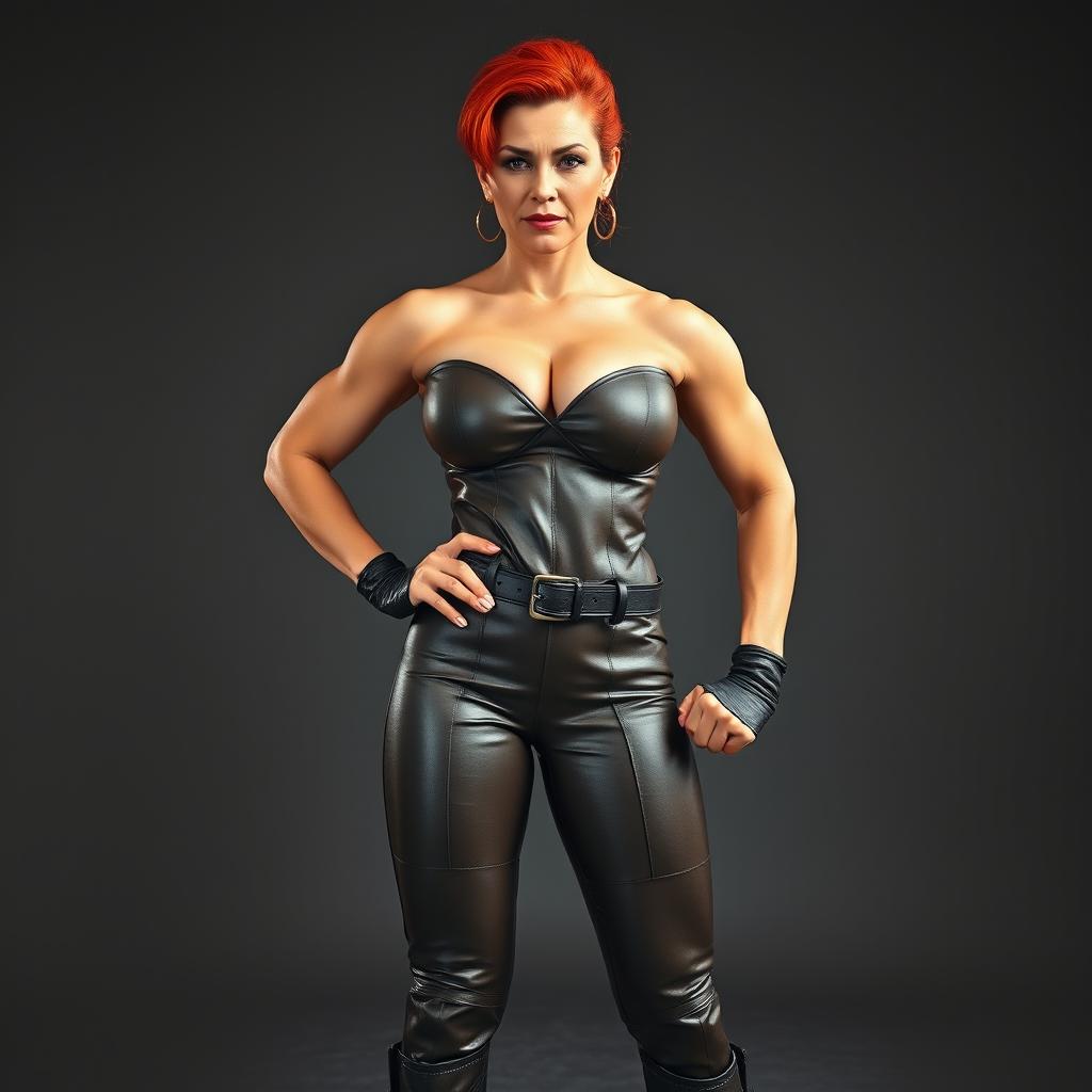 A 50 years old muscular woman with vibrant red hair, showcasing her strong physique and confidence