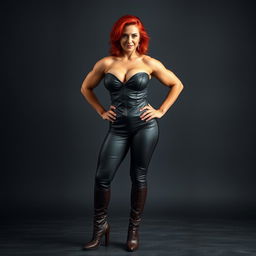 A 50 years old muscular woman with vibrant red hair, showcasing her strong physique and confidence