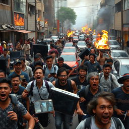 A chaotic urban scene in Jakarta during a riot