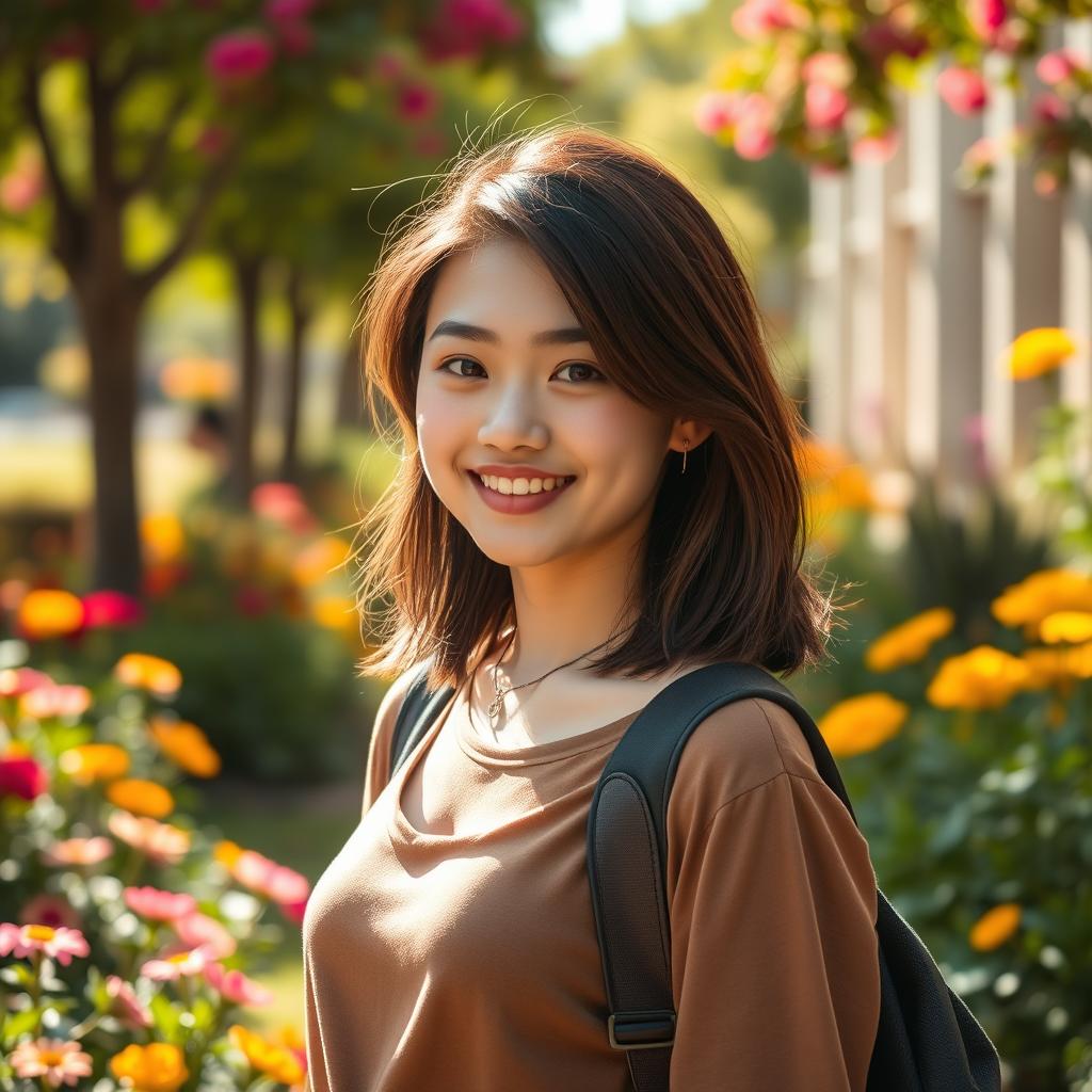 A beautiful 18-year-old student with white skin and shoulder-length brunette hair, showcasing a petite body