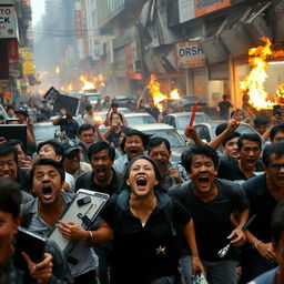 A chaotic urban scene in Jakarta during a riot