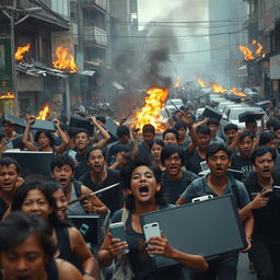 A chaotic urban scene in Jakarta during a riot