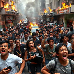 A chaotic urban scene in Jakarta during a riot