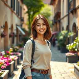 A beautiful European 18-year-old student with shoulder-length brunette hair and a petite body, set against a charming European campus backdrop