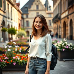 A beautiful European 18-year-old student with shoulder-length brunette hair and a petite body, set against a charming European campus backdrop