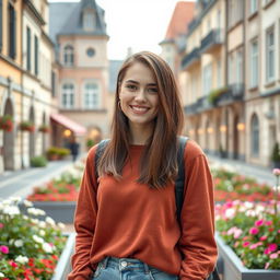 A beautiful European 18-year-old student with shoulder-length brunette hair and a petite body, set against a charming European campus backdrop