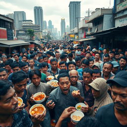 A bustling urban scene in Jakarta, Indonesia, depicting a crowded street filled with hungry people of diverse ethnic backgrounds, expressing a sense of urgency and desperation